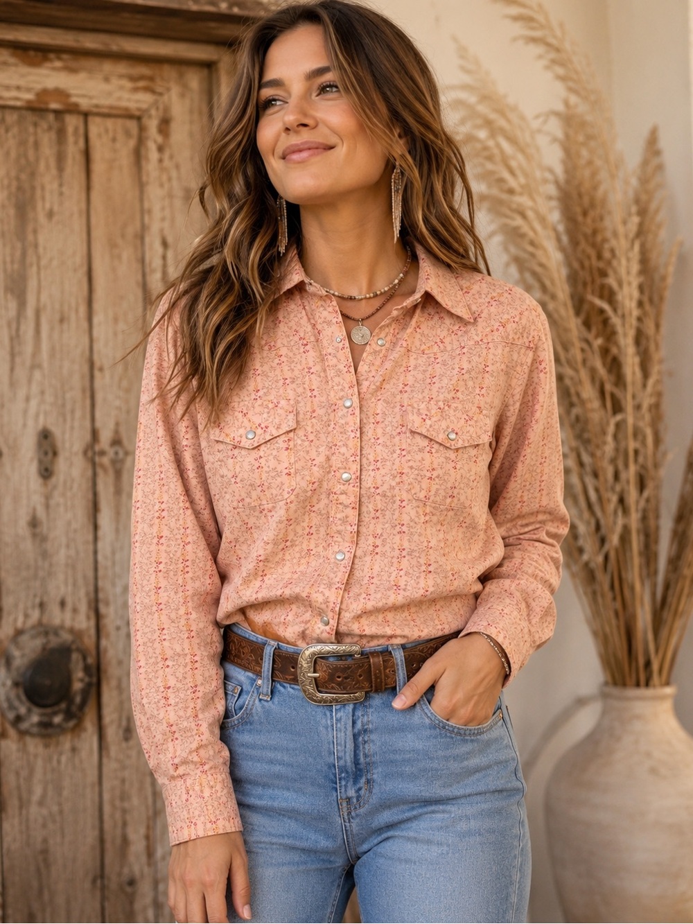 Women's Peach Floral Vintage Western Snap Button Shirt